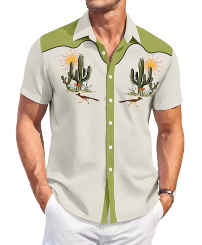 DADDYLOCO Desert Cactus Bowling Shirt, Cream with Olive Green Accents, Regular Fit, Short Sleeve