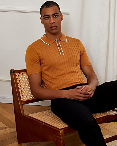 Kallspin Men's Vintage Knitted Polo Shirt Short Sleeve Solid Collared Golf Shirts with Button (Caramel Large