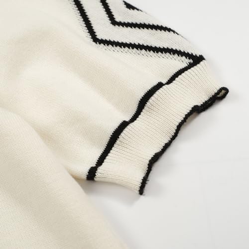 OXKNIT Mens White Apricot 60s V-Neck Polo Shirt Rhombic Pattern Knit Golf Polo