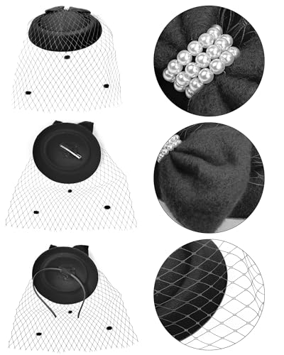Bniksok Black Fascinators Hats with Veil for Women Vintage Funeral Pillbox Hat 1920s 50s Gatsby Cocktail Tea Party Headwear, Lace Gloves Pearl Necklace