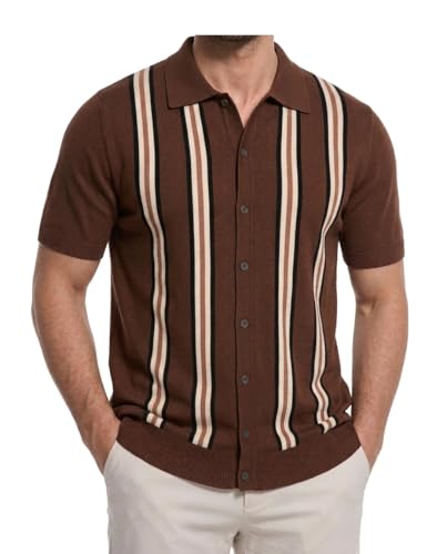 Mens Vintage Knit Shirts – 70s Short Sleeve Polo Shirts for Men – Retro Knit Button Down Shirt – Old Money Clothes Men Coffee Brown