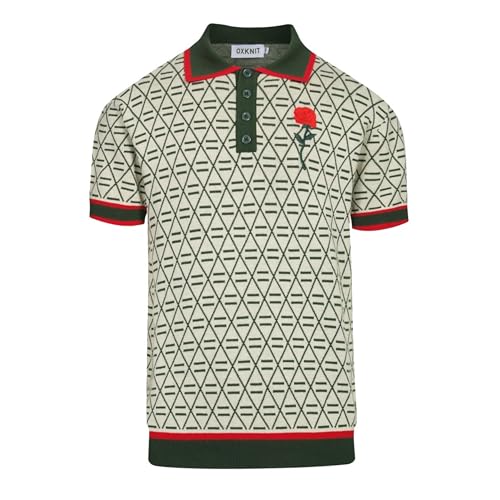 OXKNIT Knit Polo Shirt for Men, Retro Rose and Texture Green Shirt Quarter Button Down Short Sleeve Men's Clothing