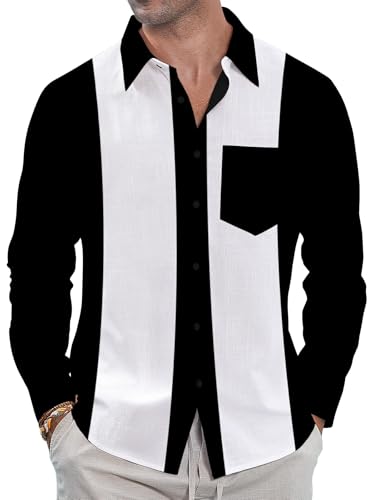 Men's Vintage Bowling Shirt Casual Long Sleeve Button Down Regular Fit Retro Shirt