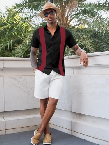 Runcati Mens Vintage Bowling Shirt Short Sleeve Button Down Shirts Casual Summer Beach Tops Burgundy