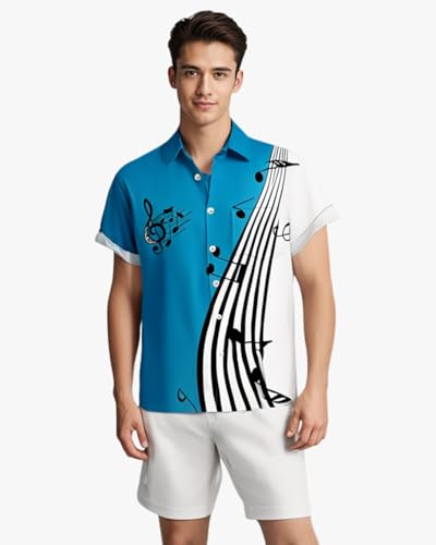Gwnnb Bowling Shirts for Men Music Note Print Short Sleeve Casual Button Down Beach Retro Shirts