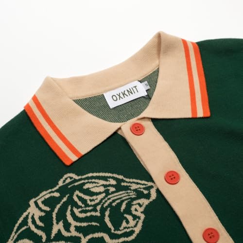 OXKNIT Men's Knit Short Sleeve Shirts Button Down 1960s Vintage Tiger Pattern Green Cotton Polo Shirt Summer Knitwear