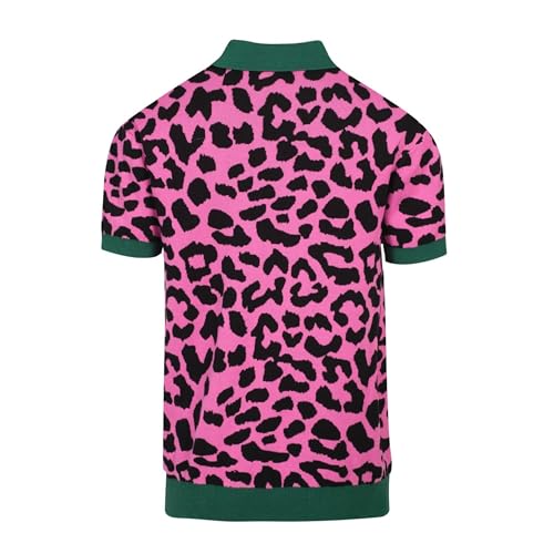 OXKNIT Men's Knitted Retro Poloshirt, 1960s Mod Style Vintage Short Sleeve Shirt with Animal Pattern Rose Red