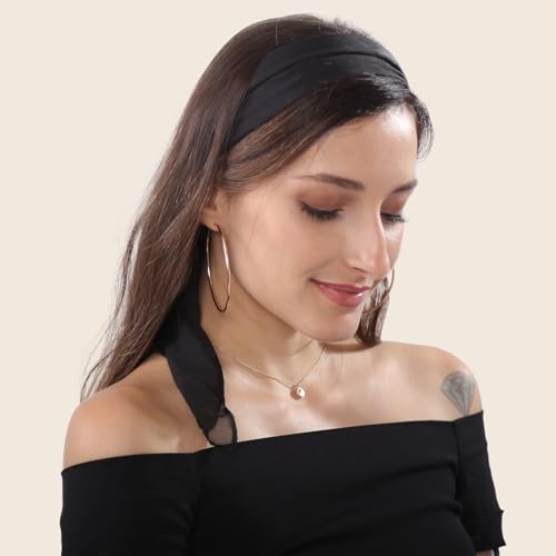 MissShorthair 50s Chiffon Scarf Sheer Square Neck Head Scarf for Women, B Black