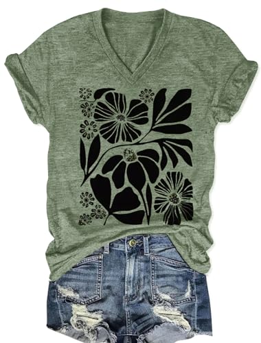 Boho Tops for Women Retro Floral Graphic Tees Casual Summer Basic Vacation Tops Trendy Short Sleeve T Shirt (Green, L)
