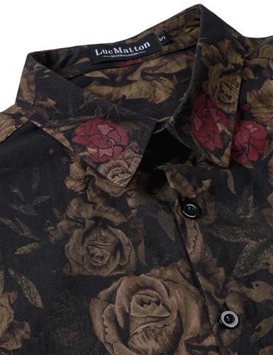 LucMatton Men's 70s Hawaiian Shirt Vintage Print Short-Sleeve Button-Down Shirts for Summer Vacation & Beach Black Antique Rose Large