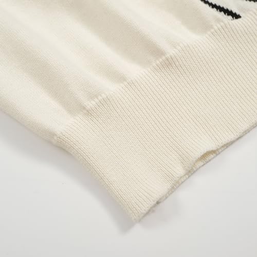OXKNIT Mens White Apricot 60s V-Neck Polo Shirt Rhombic Pattern Knit Golf Polo