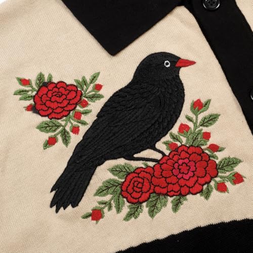 OXKNIT Men's Knit Short Sleeve Shirts Button Down Vintage Embroidery Bird and Flower Pattern Black Polo Shirt Knitwear