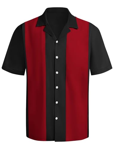Men's Vintage Bowling Shirts 1950s Retro Short Sleeve Outfits Button Down Summer Cuban Beach Shirt Red