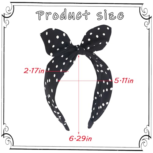 BYNYTO Black Polka Dot Bow Headbands for Women and Girls, Non-Slip Cute Bandana Hairband, Flexible Bunny Ear Wide Knotted Hair Hoop, Halloween Costume Retro 50s Hair Accessories