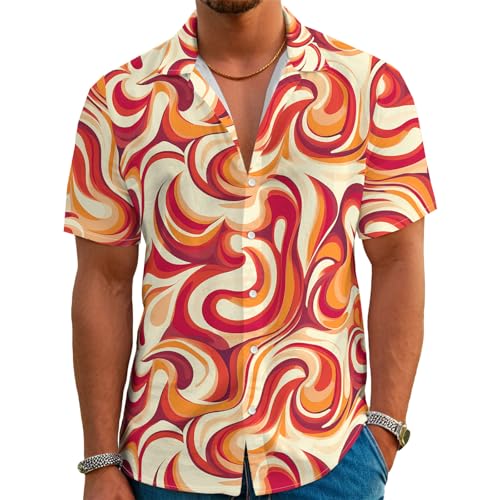 70s Mens Funny Hawaiian Shirt Retro Pattern Beach Tropical Short Sleeve Holiday Aloha Shirt Casual Button Down Shirt Orange