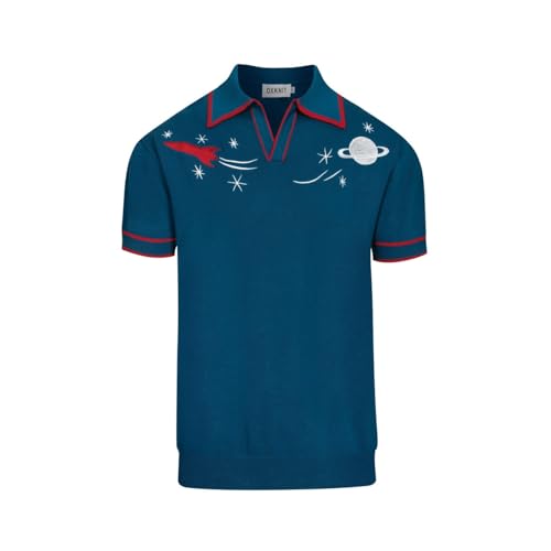 OXKNIT Men's Knit Short Sleeve Shirts Vintage Rocket Planet Embroidered Knitted Polo Shirt Blue V-Neck Cotton Mens Polo