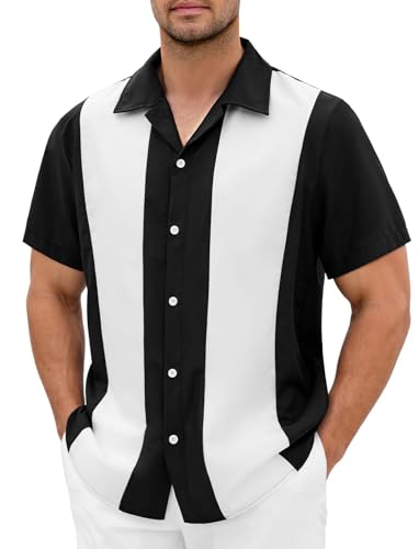 Men's Vintage Bowling Shirts 1950s Retro Short Sleeve Outfits Button Down Summer Cuban Beach Shirt White