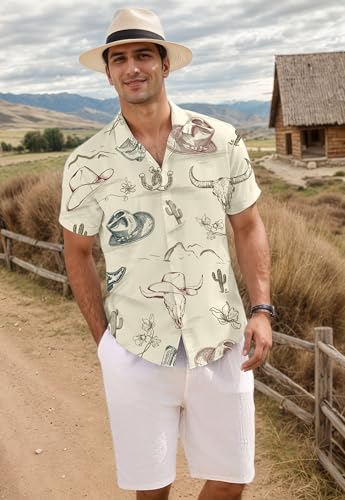 Cowboy Shirts For Men Hawaiian Shirt Retro Summer Beach Button Down Shirt