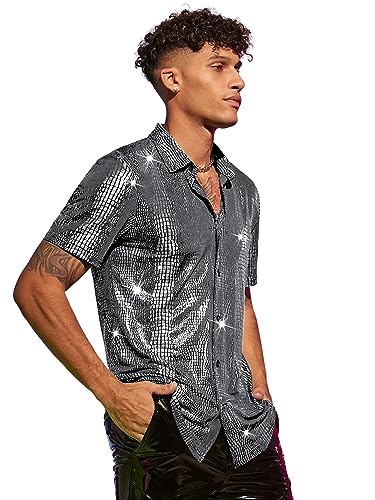 WDIRARA Men's 70s Sparkly Disco Top Crocodile Pattern Metallic Rave Shirt