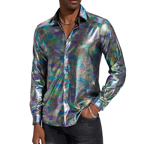 Pixiemain Mens 70s 60s Disco Shirt Metallic Party Costume Long Sleeve Button Down Shirts-A L