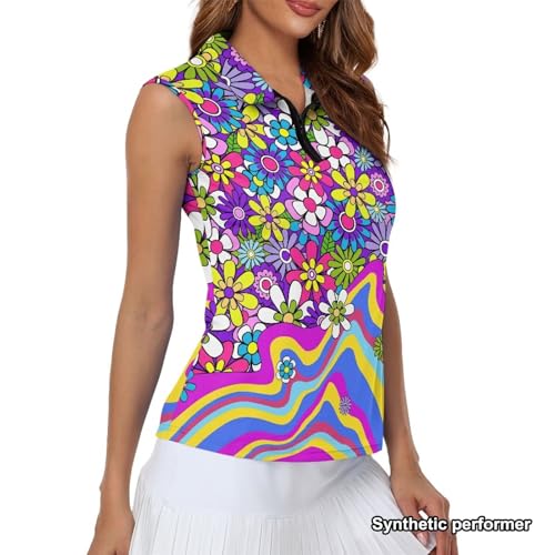 POLERO Women 70s Golf Shirts Sleeveless Half Zip Dry Fit Golf Tops Groovy Hippie Flower Tennis Shirts Retro Floral Athletic Tank Tops Size L