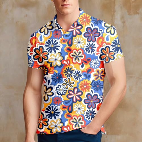 ZePinger Hippie Flower 70s Shirts for Men - Retro Short Sleeve Golf Shirt