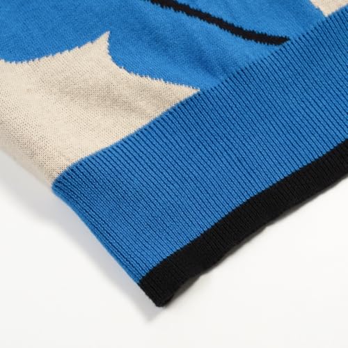 OXKNIT Men's Knit Short Sleeve Shirts Vintage Bird and Plants Pattern Knitted Polo Shirt Blue and Beige V-Neck Polo