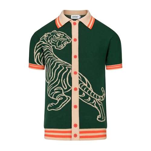 OXKNIT Men's Knit Short Sleeve Shirts Button Down 1960s Vintage Tiger Pattern Green Cotton Polo Shirt Summer Knitwear