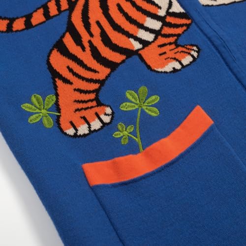 OXKNIT Men's Knit Short Sleeve Shirts Vintage Tiger Pattern Knitted Polo Shirt Blue Cotton Polo with Zipper and Pocket