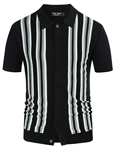 PJ PAUL JONES Mens Vintage Button Down Knitted Polo Shirt Black Gray L