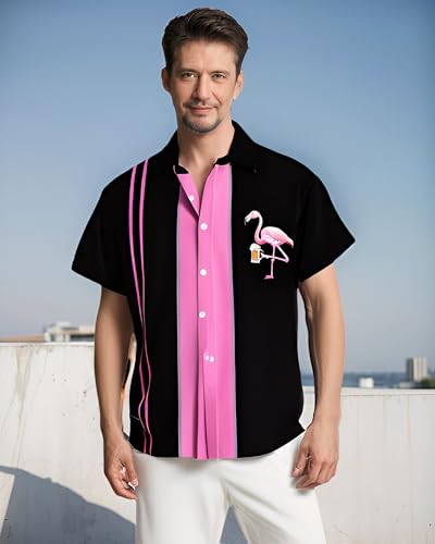Bowling Shirts for Men Vintage Flamingo Beer Print Short Sleeve Casual Button Down Beach Shirts