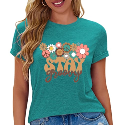 Retro Stay Groovy Shirt Women Cute Floral Tshirts Hippie 70s Short Sleeve Tops A-Green