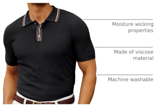 PJ PAUL JONES Mens 1960s Vintage Polo Shirts Contrast Lapel Collar Button Up Polo Sweaters Bowling Shirt Lightweight Black M