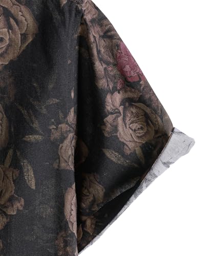 LucMatton Men's 70s Hawaiian Shirt Vintage Print Short-Sleeve Button-Down Shirts for Summer Vacation & Beach Black Antique Rose Large