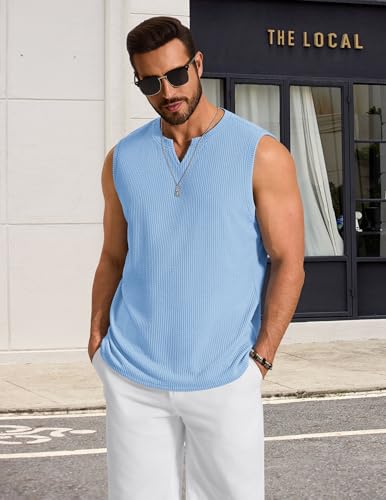 COOFANDY Men's Vintage Crochet Tank Top V Neck Sleeveless Knitwear Textured Summer Retro 70s Outfit, Light Blue, Medium