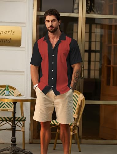 Hardaddy Men's Vintage Bowling Shirt 1950s Short Sleeve Casual Button Down Summer Beach Camp Collar Shirts Wine Red L