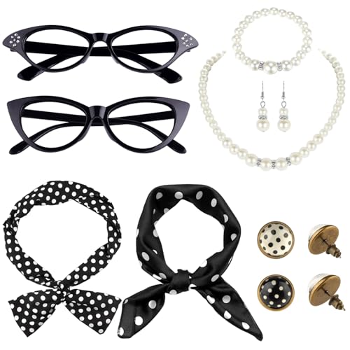 TUPARKA 12 Pcs 50's Costume Accessories Set Includes Chiffon Scarf Cat Eye Glasses Bandana Tie Headband Earrings Artificial Pearl Bracelet and Necklace