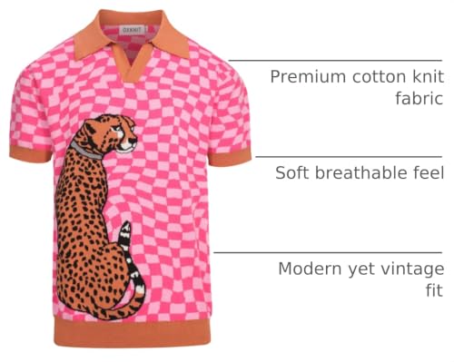 OXKNIT Men's Knitted Retro Poloshirt, 1960s Mod Style Vintage Plaid Shirt with Animal Pattern Rose Red