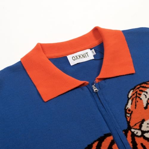 OXKNIT Men's Knit Short Sleeve Shirts Vintage Tiger Pattern Knitted Polo Shirt Blue Cotton Polo with Zipper and Pocket