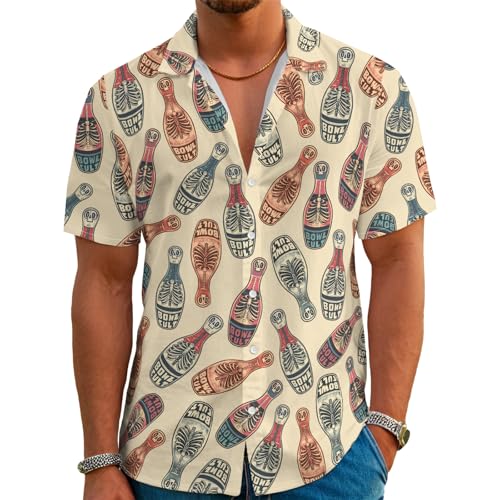 Men's Vintage Bowling Hawaiian Shirts Lined Skull and Beer Bottle Print Button Down Bowling Nights for Bar Parties