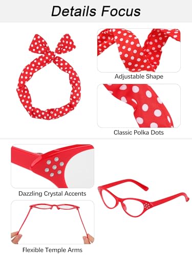 Aneco 6 Pack 50s Set Chiffon Scarf Cat Eye Glasses Bandana Tie Headband Earrings(Red)