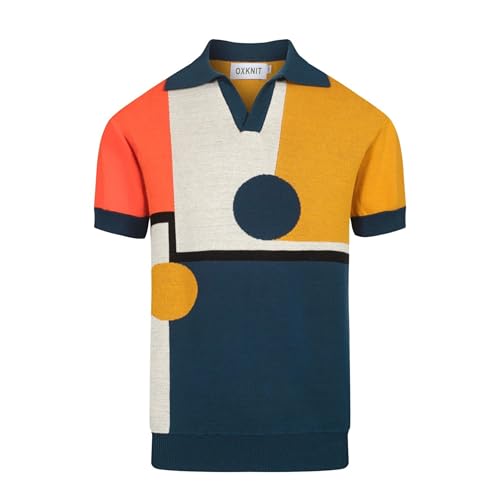OXKNIT Men's Retro Knitted Poloshirt, 1960s Mod Vintage Contrasting Colors Polo V-Neck Cotton Short Sleeve