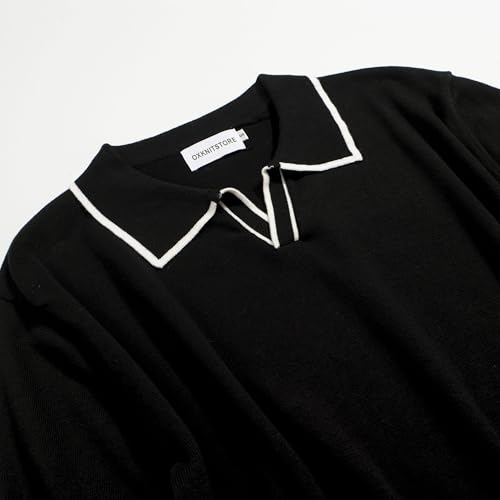 OXKNIT Mens Polo Shirts Short Sleeve Casual Knit Polo Shirt Vintage Golf T Shirts Tops with Black Stripe
