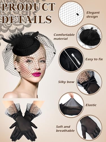 Geyoga 50s Fascinators Hat for Women 20s Feather Pillbox Hair Clip Funeral Tea Party first communion Headpiece and Lace Glove(Black)