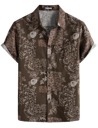 PARKLEES Men's 70s Hippie Vintage Hawaiian Shirt Brown Flower XL