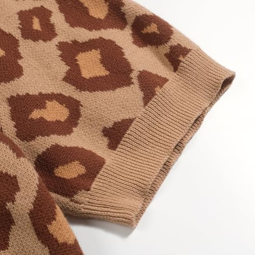 OXKNIT Knit Polo Shirt for Men, 1960s Retro Leopard Print Brown Shirt Quarter Button Down Short Sleeve Men's Clothing