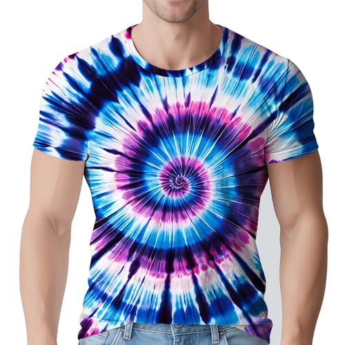 UGTEWXU Blue Purple Tie Dye Shirts for Men's 70s 80s 90s Retro Hippie Rainbow Short Sleeve Tees Washable Vintage Festival Clothing X-Large