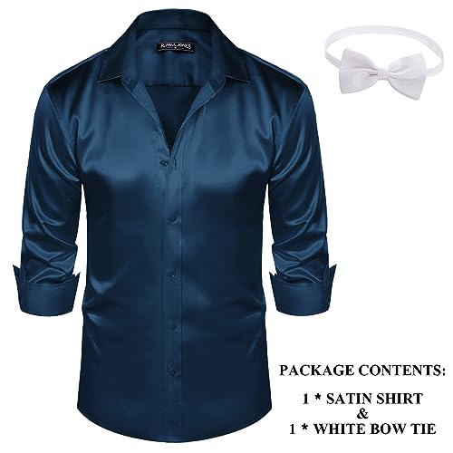 PJ PAUL JONES Mens 70s Disco Shirts Luxury Satin Silk Like Dress Shirt with Bow Tie Wedding Party Shirts Navy Blue L