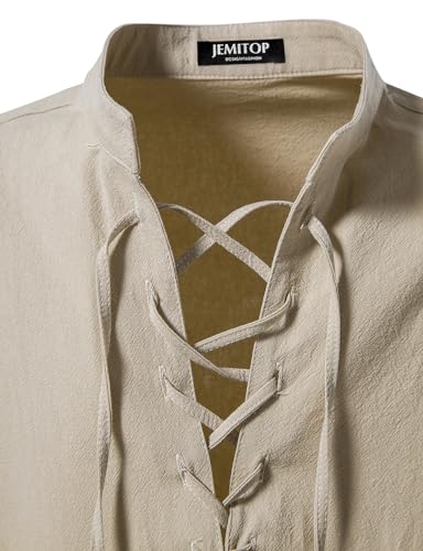 JEMITOP Men's Pure Cotton Renaissance Lace Up Shirt Khaki XXL