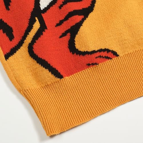 OXKNIT Knit Polo Shirt for Men, Retro Tiger Pattern Yellow Shirt Quarter Button Down Short Sleeve Men's Clothing
